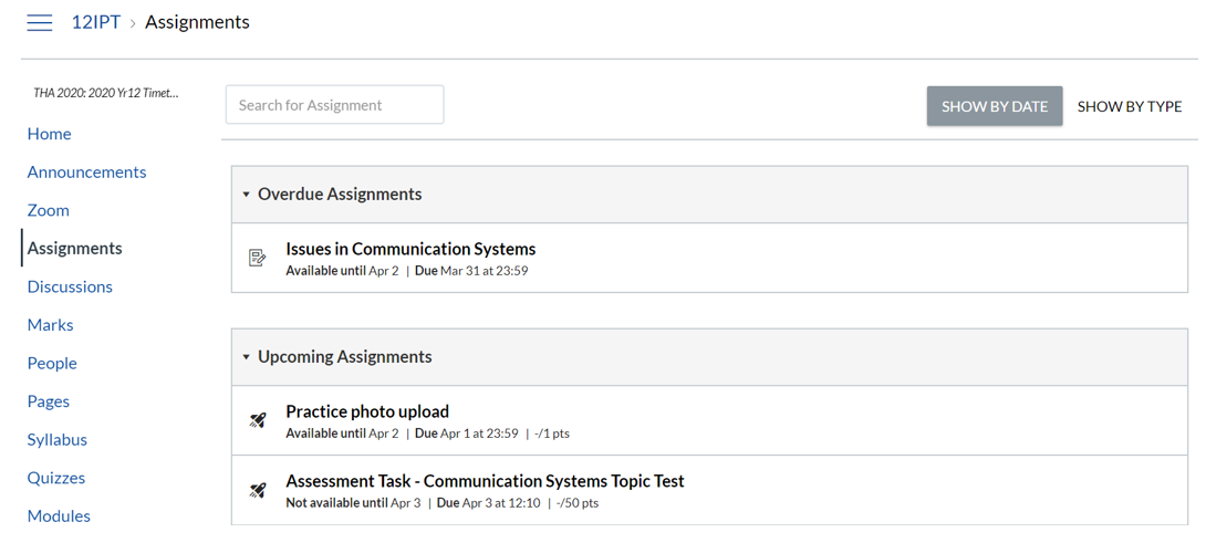 Canvas list of Assignments